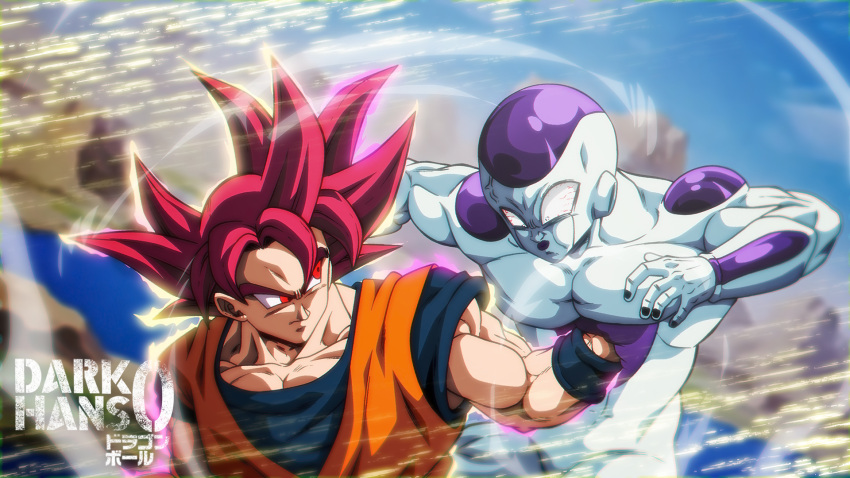 2boys collarbone commentary darkhans0 dougi dragon_ball english_commentary frieza highres multiple_boys muscular muscular_male pectorals punching red_eyes red_hair son_goku stomach_punch super_saiyan super_saiyan_god watermark