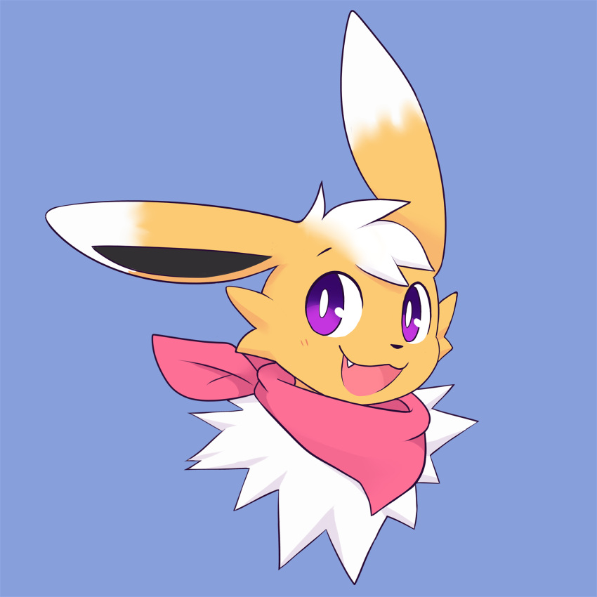 ambiguous_gender black_nose blue_background cute_fangs eeveelution fangs feral fur generation_1_pokemon headshot_portrait hi_res jolteon nintendo open_mouth pokemon pokemon_(species) portrait purple_eyes scarf simple_background solo sylvia_(jolteon) teeth tongue unknown_artist white_body white_fur yellow_body yellow_fur