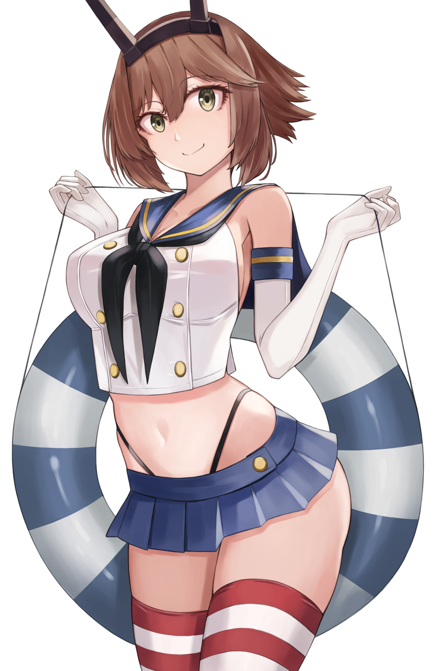 1girl absurdres beisaku_bei black_neckerchief black_panties blue_sailor_collar blue_skirt breasts brown_hair cosplay cowboy_shot crop_top elbow_gloves flipped_hair gloves green_eyes headgear highleg highleg_panties highres kantai_collection large_breasts lifebuoy looking_at_viewer microskirt mutsu_(kancolle) navel neckerchief panties pleated_skirt radio_antenna sailor_collar shimakaze_(kancolle) shimakaze_(kancolle)_(cosplay) short_hair simple_background skirt smile solo standing striped_clothes striped_thighhighs swim_ring thighhighs thong underwear white_background white_gloves