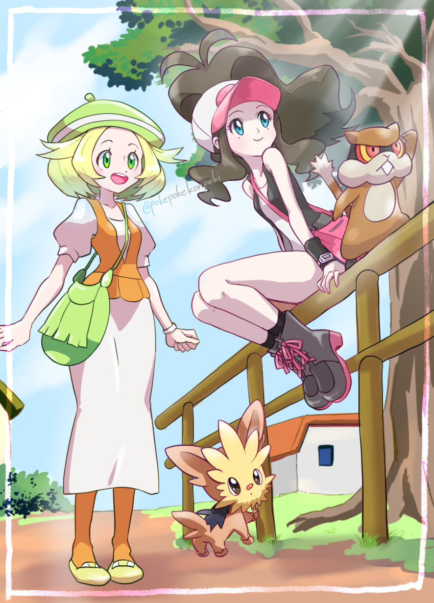 2girls :d bag beret bianca_(pokemon) black_socks black_vest blonde_hair boots brown_hair commentary_request day dress eyelashes fence green_bag green_eyes green_headwear hat highres hilda_(pokemon) lillipup long_hair multiple_girls open_clothes open_mouth open_vest orange_pantyhose orange_vest outdoors pantyhose pokemon pokemon_(creature) pokemon_bw pokepokekonpeki shirt shoulder_bag sidelocks sitting sleeveless sleeveless_shirt smile socks standing tree vest white_dress white_headwear white_shirt xtransceiver yellow_footwear