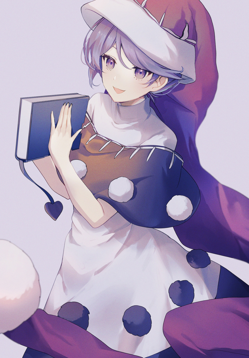 1girl :d black_capelet black_dress blue_eyes blue_hair blush book capelet commentary_request doremy_sweet dress grey_background hands_up hat highres holding holding_book looking_at_viewer nightcap oito_(bowstringsmall) open_mouth pom_pom_(clothes) red_headwear short_hair simple_background smile solo touhou two-tone_dress upper_body white_dress
