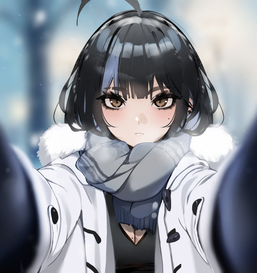 1girl ahoge black_gloves black_hair black_shirt blue_hair blunt_bangs blurry blurry_background breasts brown_eyes cleavage closed_mouth coat earclip enpera expressionless fur-trimmed_coat fur_trim gloves grey_scarf hands_on_another's_cheeks hands_on_another's_face highres irene_(kanniiepan) kanniiepan meme mole mole_on_breast mole_under_eye multicolored_hair open_clothes open_coat original pov pov_cheek_warming_(meme) scarf shirt solo streaked_hair white_coat