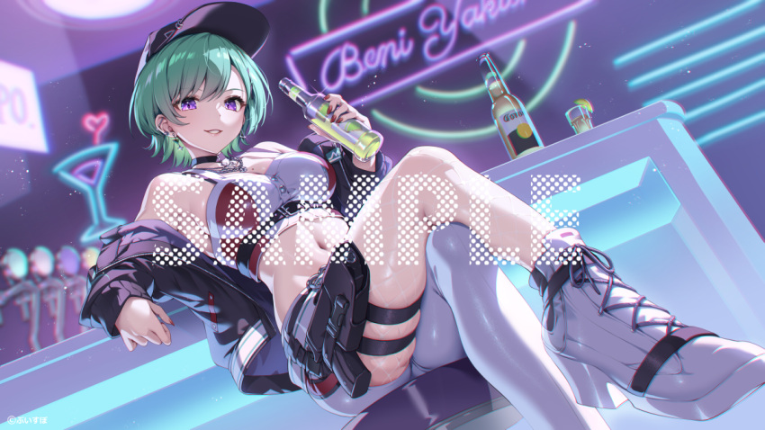 1girl bare_legs bare_shoulders baseball_cap black_headwear black_jacket bottle breasts camisole commentary_request crop_top crossed_legs gomashio_ponz green_hair grin hat high_heels holding holding_bottle indoors jacket looking_at_viewer medium_breasts midriff navel off_shoulder open_clothes open_jacket pantyhose purple_eyes sample_watermark single_leg_pantyhose sitting smile solo stomach thigh_strap vspo! watermark white_footwear white_pantyhose yakumo_beni