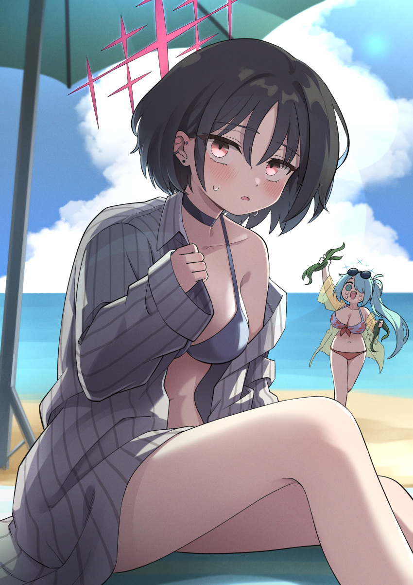 2girls absurdres beach bikini black_bikini black_hair blue_archive blush breasts cleavage day eyewear_on_head golmonggu green_eyes green_hair green_halo grey_jacket hair_between_eyes hair_over_one_eye halo highres hiyori_(blue_archive) hiyori_(swimsuit)_(blue_archive) jacket large_breasts long_hair long_sleeves medium_breasts misaki_(blue_archive) misaki_(swimsuit)_(blue_archive) multiple_girls ocean official_alternate_costume open_clothes open_jacket open_mouth outdoors red_eyes red_halo short_hair side_ponytail sunglasses swimsuit white_bikini yellow_jacket