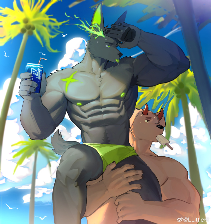 2boys abs absurdres bara beach blue_sky bulge carrying carrying_person cloud colored_nipples couple day demon_horns dog_boy green_nipples highres horns hot large_pectorals male_focus multiple_boys muscular muscular_male musu_(littleee_treee) navel navel_hair nipples original outdoors palm_tree pectorals sand sitting_on_shoulder sky standing stomach sweat thick_eyebrows topless_male tree wolf_boy yaoi