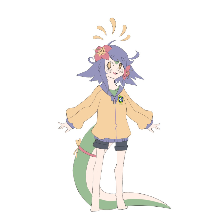 1girl black_shorts blue_hair colored_skin flower freckles full_body green_skin hair_flower hair_ornament highres league_of_legends lizard_tail long_sleeves medium_hair neeko_(league_of_legends) orange_sweater puffy_long_sleeves puffy_sleeves red_flower riloyoy shorts simple_background solo standing sweater tail white_background