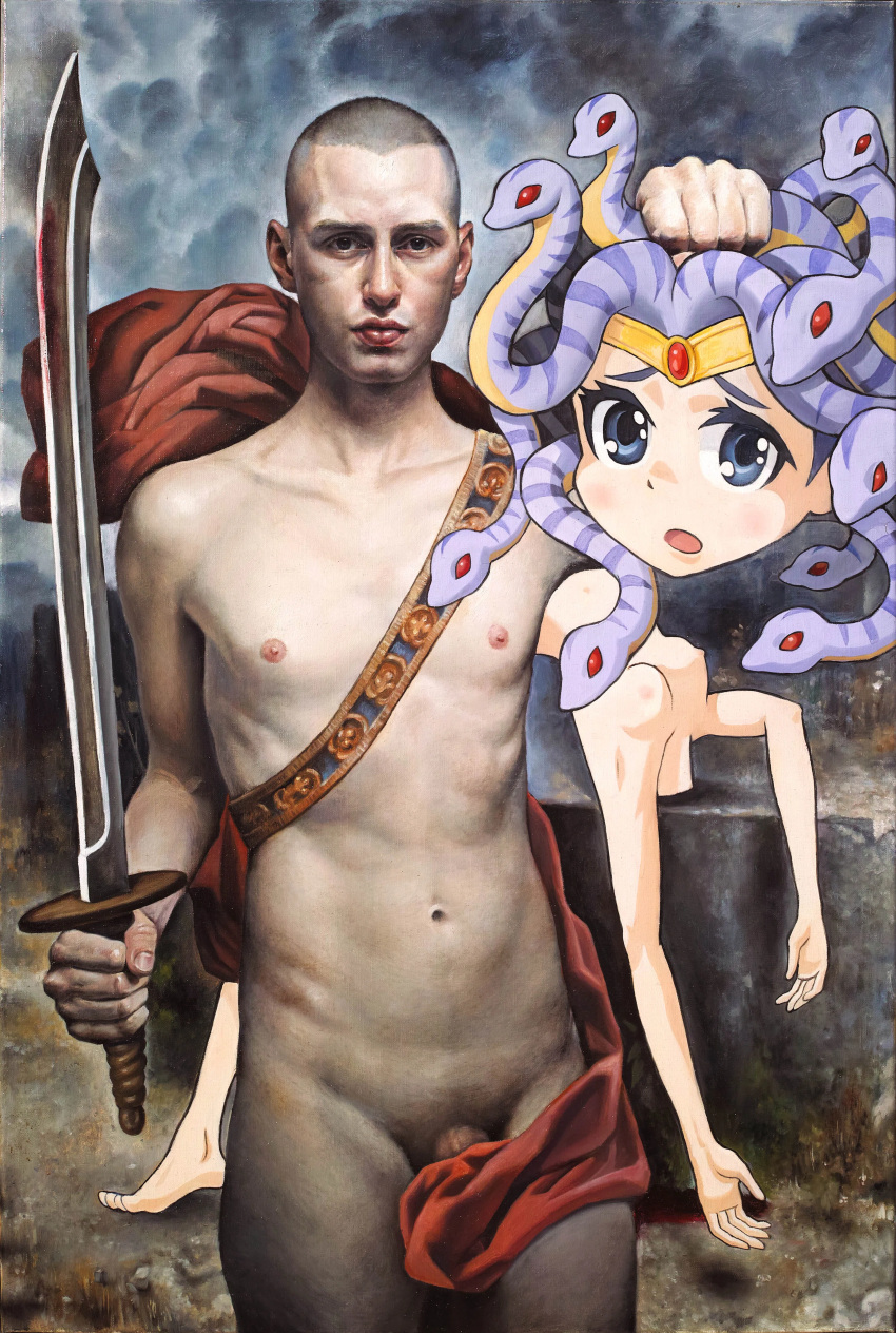 absurd_res blood bodily_fluids breasts casual_nudity decapitation detailed_background disembodied_head duo european_mythology female genitals gorgon greek_mythology hi_res holding_object holding_sword holding_weapon human humanoid male mammal medusa melee_weapon mythology naruki_kukita not_furry penis realistic reptile scalie snake sword toony weapon