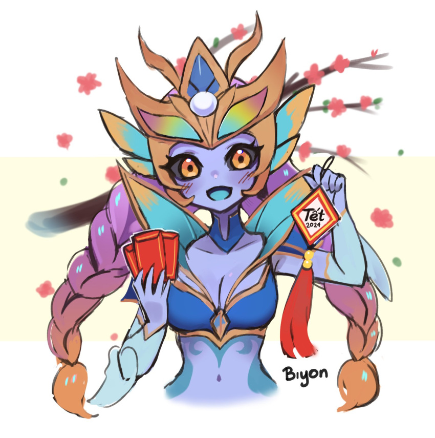 1girl :d alternate_costume artist_name biyon_tran black_sclera blush braid branch breasts brown_hair card collarbone colored_sclera colored_skin cropped_torso detached_collar flower helmet highres holding holding_card large_breasts league_of_legends looking_at_viewer nami_(league_of_legends) orange_eyes pink_hair red_flower smile solo twin_braids twintails white_background