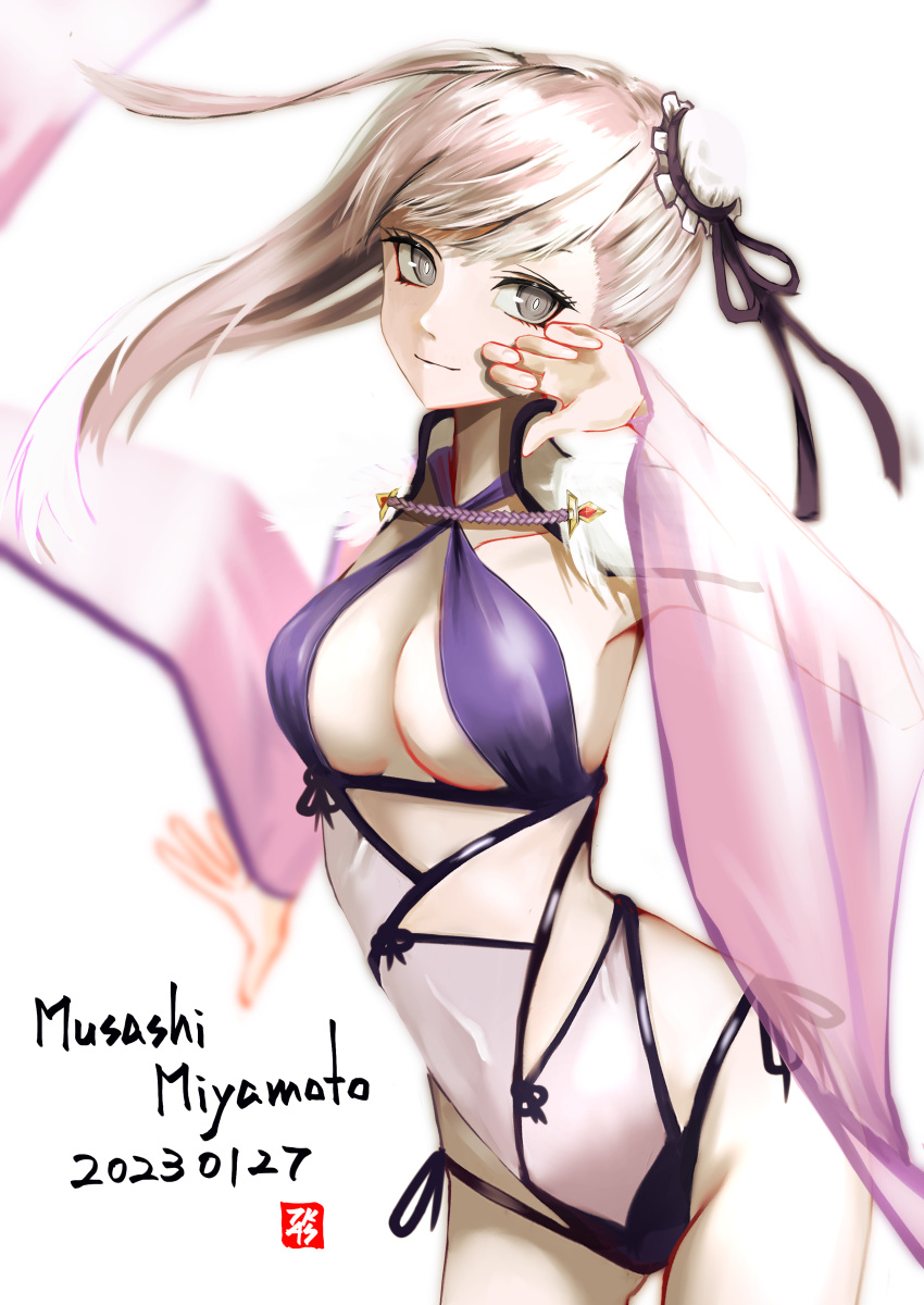 1girl absurdres asymmetrical_hair blue_one-piece_swimsuit bow_swimsuit breasts bun_cover character_name cleavage criss-cross_halter dated fate/grand_order fate_(series) hair_bun halterneck highres large_breasts long_hair looking_at_viewer miyamoto_musashi_(fate) miyamoto_musashi_(swimsuit_berserker)_(fate) miyamoto_musashi_(swimsuit_berserker)_(third_ascension)_(fate) multi-strapped_swimsuit multicolored_clothes multicolored_swimsuit one-piece_swimsuit pink_eyes pink_hair ribbon side-tie_swimsuit simple_background single_side_bun single_sidelock smile solo swept_bangs swimsuit thighs tsukaasa two-tone_swimsuit white_background white_one-piece_swimsuit wide_sleeves