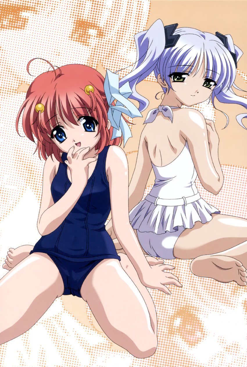amano_chiwa artist_request barefoot blue_eyes casual_one-piece_swimsuit feet green_eyes halftone highres kaizu_sana lavender_hair looking_back multiple_girls one-piece_swimsuit red_hair scan school_swimsuit sitting smile swimsuit twintails underbar_summer wariza white_swimsuit
