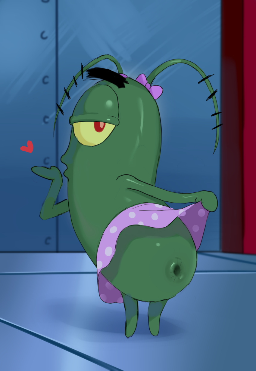 1boy absurdres antennae anus blowing_kiss bow clothes_lift colored_sclera heart highres lifted_by_self looking_at_viewer looking_back male_focus plankton polka_dot purple_bow purple_skirt red_eyes sheldon_j._plankton shengtian skirt skirt_lift solo spongebob_squarepants_(series) yellow_sclera
