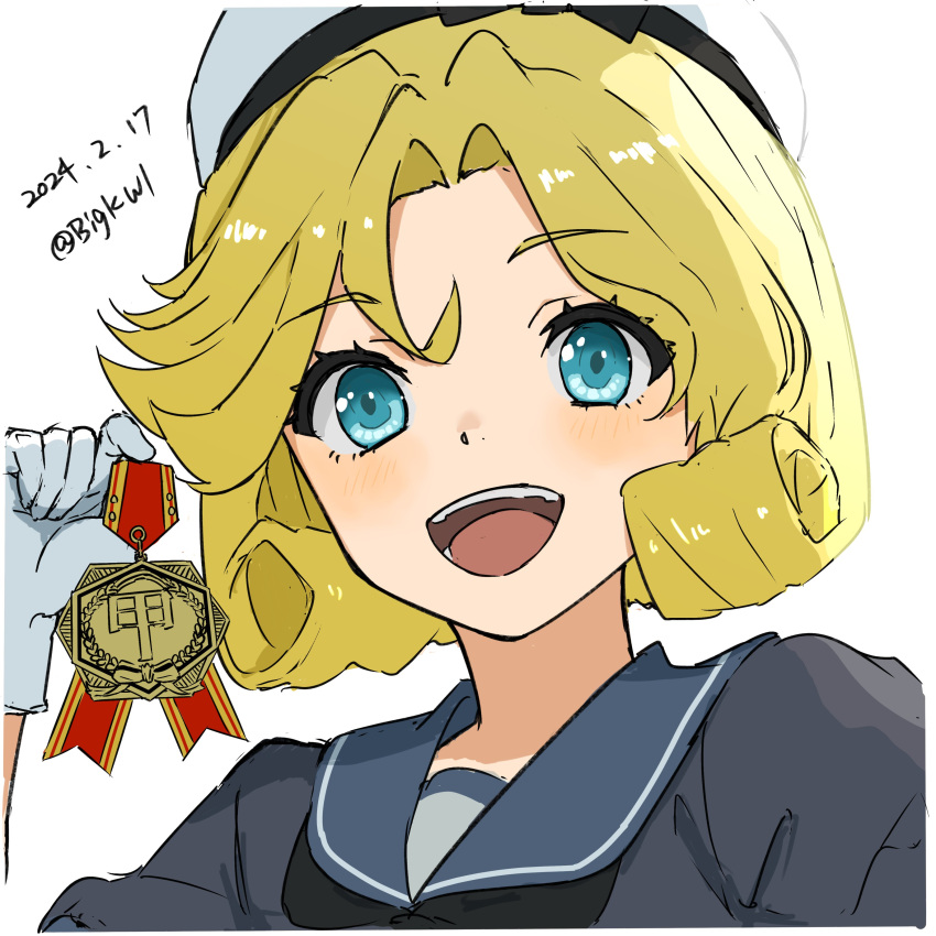 1girl absurdres bigkwl black_jacket black_neckerchief blonde_hair blue_eyes blue_sailor_collar dated gloves hat highres jacket janus_(kancolle) kantai_collection looking_at_viewer medal neckerchief one-hour_drawing_challenge open_mouth parted_bangs sailor_collar sailor_hat short_hair short_sleeves simple_background smile solo teeth upper_teeth_only white_background white_gloves white_headwear