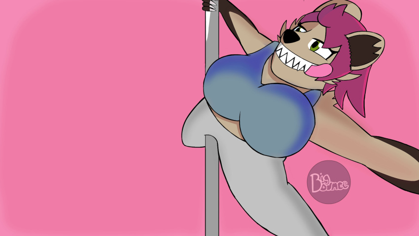 absurd_res anthro bigandbounce clothed clothing dancing female glenda(bigandbounce) happy hi_res hyena mammal pole pole_dancing sharp_teeth silly_face simple_background smile solo teeth