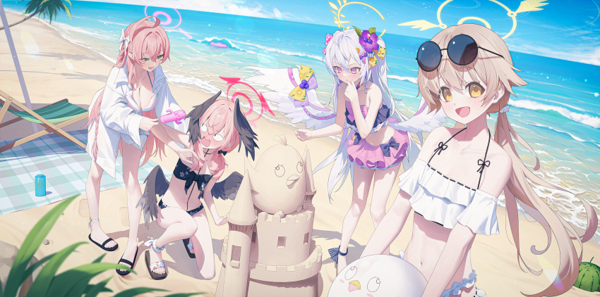&lt;|&gt;_&lt;|&gt; 4girls ahoge angel_wings aya_(lezon) azusa_(blue_archive) azusa_(swimsuit)_(blue_archive) beach bikini black_bikini black_wings blue_archive blush braid breasts cleavage collared_shirt day feathered_wings floral_print frilled_bikini frills green_eyes hair_between_eyes halo hanako_(blue_archive) hanako_(swimsuit)_(blue_archive) head_wings hifumi_(blue_archive) hifumi_(swimsuit)_(blue_archive) highres koharu_(blue_archive) koharu_(swimsuit)_(blue_archive) large_breasts light_brown_hair long_hair looking_at_viewer lotion low_twintails make-up_work_club_(blue_archive) multiple_girls ocean official_alternate_costume open_clothes open_mouth open_shirt outdoors parted_lips peroro_(blue_archive) pink_bikini pink_eyes pink_hair pink_halo print_bikini red_halo sand sand_castle sand_sculpture shirt single_braid smile sunscreen swimsuit twintails white_bikini white_hair white_shirt white_wings wings yellow_eyes yellow_halo