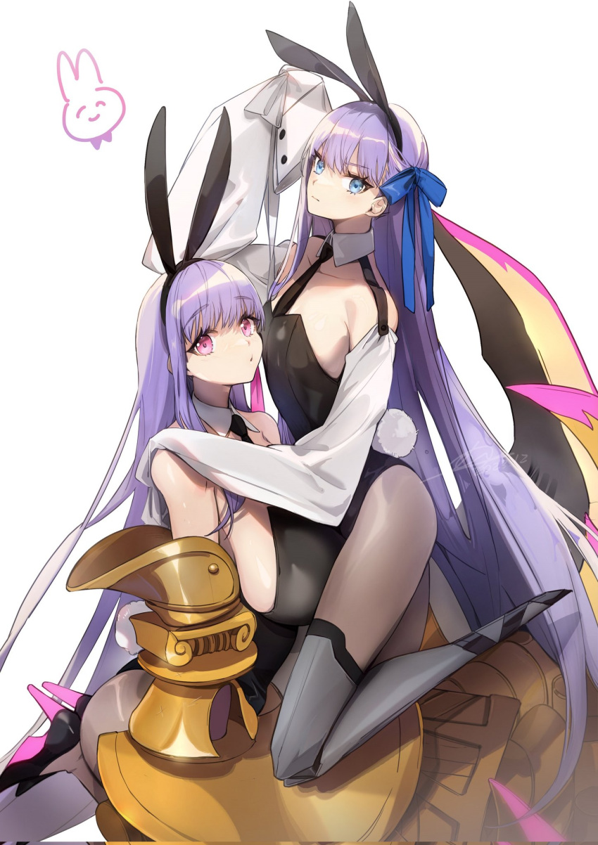 2girls animal_ears black_necktie blue_eyes bow breasts detached_collar detached_sleeves fate/extra fate/extra_ccc fate/grand_order fate_(series) flat_chest hair_bow high_heels highres huge_breasts long_hair meltryllis_(fate) multiple_girls necktie no-kan pantyhose passionlip_(fate) pink_eyes playboy_bunny purple_hair rabbit_ears rabbit_tail signature sleeves_past_fingers sleeves_past_wrists tail very_long_hair white_background