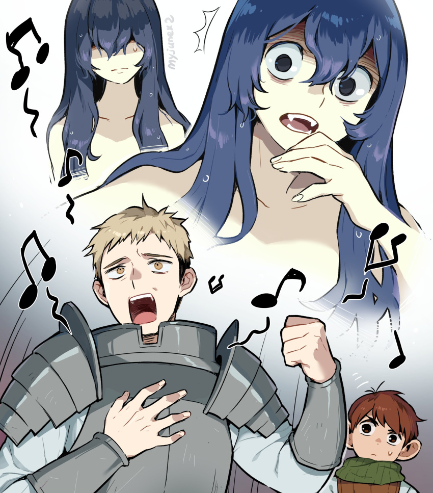 2boys 2girls armor blue_hair chilchuck_tims clenched_hand closed_mouth covered_eyes disgust dungeon_meshi facing_viewer fangs frown green_scarf grey_hair hair_over_eyes halfling hands_up head_tilt highres inset korean_commentary laios_thorden leather_armor long_hair looking_at_viewer mermaid monster_girl multiple_boys multiple_girls music musical_note nude open_mouth pauldrons plate_armor red_hair scarf shaded_face shirt short_hair shoulder_armor singing undercut vambraces white_background white_shirt wooni