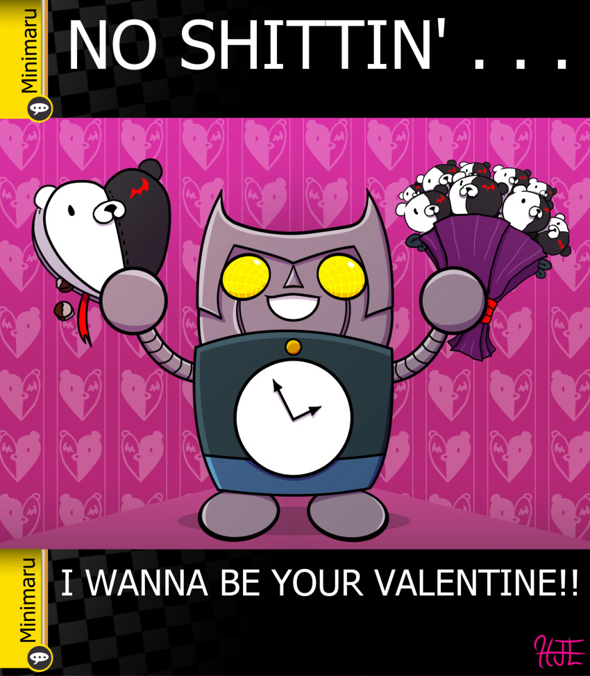 bear candy chocolate clock danganronpa dessert english_text flower food gameplay_mechanics grey_body grey_skin halleyjevelandart hi_res holidays machine mammal minimaru_(danganronpa) monokuma plant robot smile text valentine's_day yellow_eyes