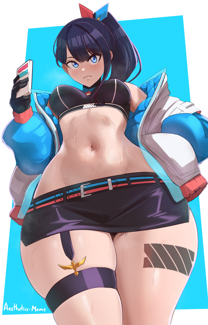 1girl absurdres aestheticc-meme artist_name barcode barcode_tattoo black_gloves black_hair black_skirt blue_eyes blush breasts gloves gridman_universe highres jacket large_breasts leg_tattoo long_hair long_sleeves looking_at_viewer microskirt navel official_alternate_costume official_alternate_hairstyle open_clothes open_jacket puffy_sleeves skirt smile solo ssss.gridman sweat takarada_rikka tally tattoo thick_thighs thighs wide_hips