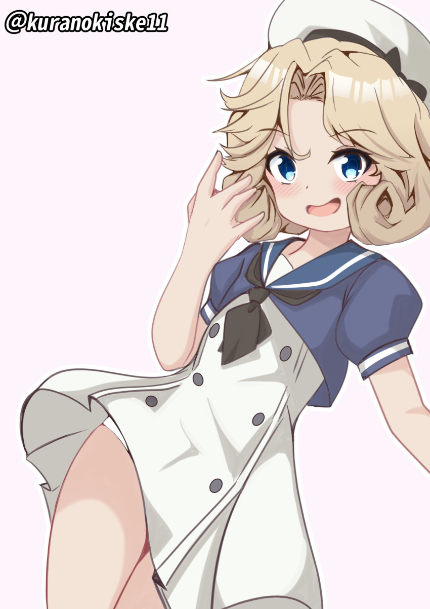 1girl black_neckerchief blonde_hair blue_eyes blue_jacket blue_sailor_collar dress gloves hat highres jacket janus_(kancolle) kantai_collection kurano_kisuke looking_at_viewer neckerchief one-hour_drawing_challenge open_mouth panties parted_bangs puffy_short_sleeves puffy_sleeves sailor_collar sailor_dress sailor_hat short_hair short_sleeves simple_background smile solo twitter_username underwear white_background white_dress white_gloves white_headwear white_panties