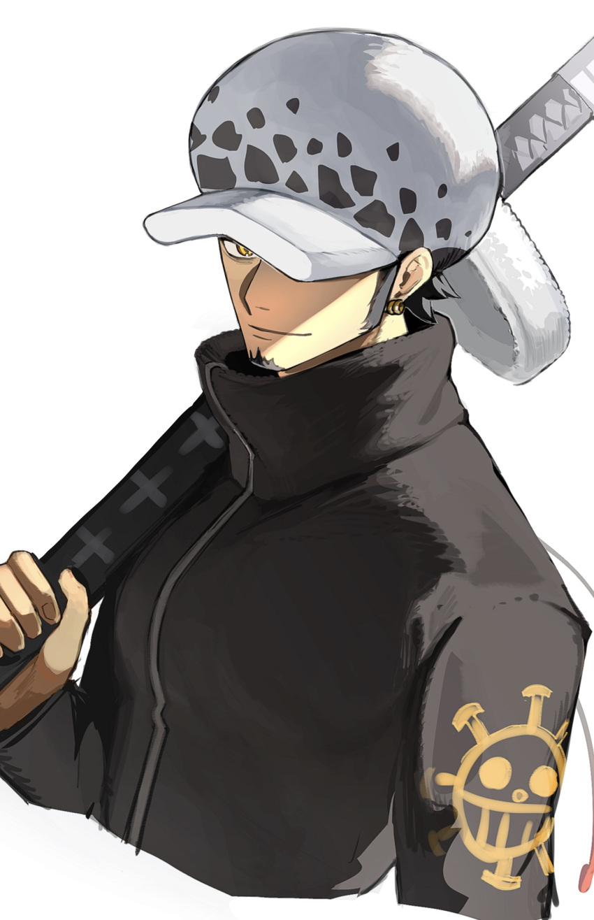 1boy black_jacket closed_mouth cropped_torso earrings facial_hair goatee hat hat_over_one_eye highres holding holding_sword holding_weapon jacket jewelry long_sideburns looking_at_viewer male_focus one_piece short_hair sideburns simple_background solo sword tokoni_fusu trafalgar_law weapon white_background white_headwear yellow_eyes