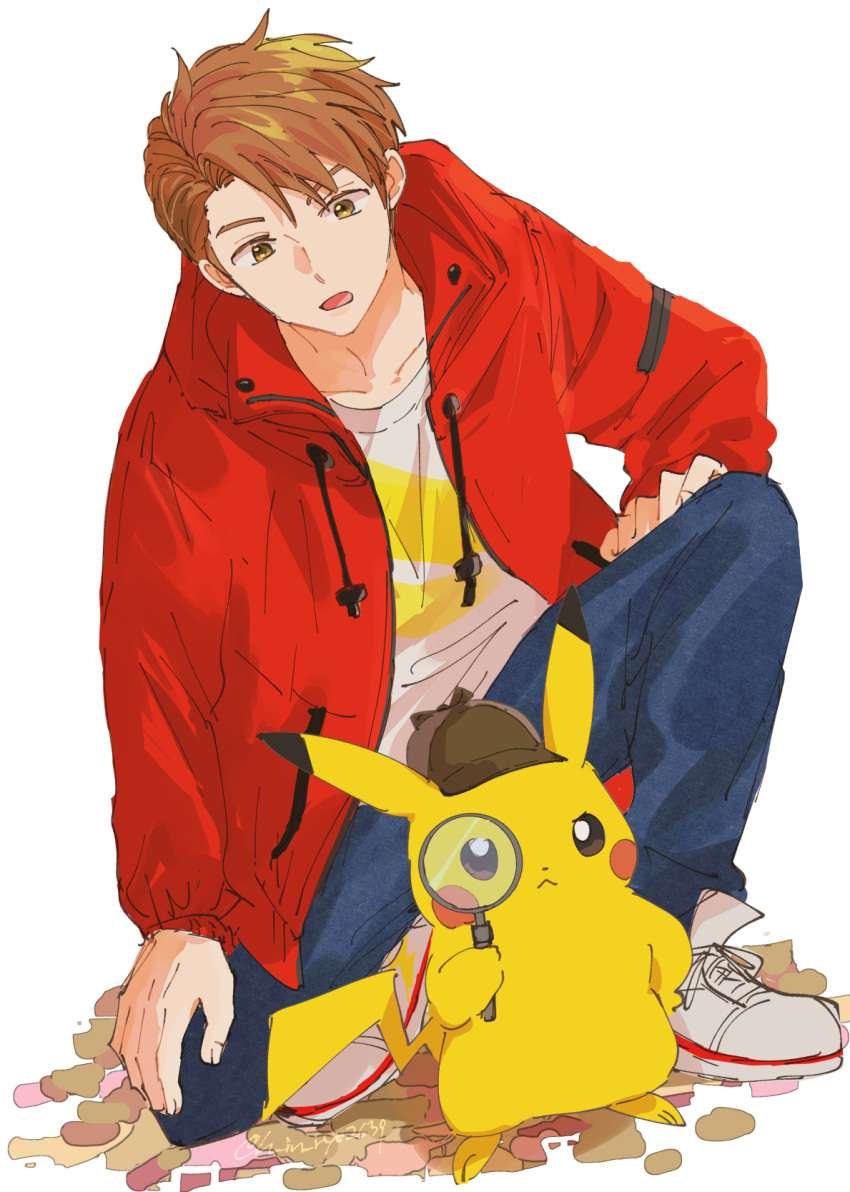 1boy :o brown_hair brown_headwear coat denim detective_pikachu detective_pikachu_(character) hand_on_own_leg hat highres hinata_(ryohinata) jeans magnifying_glass male_focus pants pikachu pokemon pokemon_(creature) red_coat shirt shoes sneakers tim_goodman white_background white_shirt