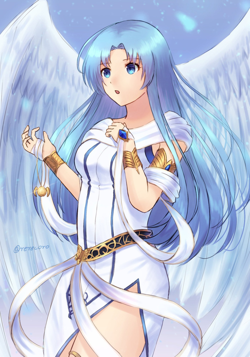 1girl ancient_ys_vanished angel_wings armlet artist_name blue_hair bracelet commentary_request curtained_hair dress eyelashes feena_(ys) gold_necklace highres holding holding_jewelry holding_necklace jewelry long_hair necklace parted_lips rerecoro ribbon side_slit solo standing twitter_username unworn_jewelry unworn_necklace white_dress white_ribbon wings ys