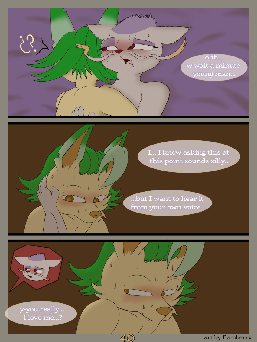 3:4 absurd_res anthro blush bodily_fluids canid canine comic dialogue digital_drawing_(artwork) digital_media_(artwork) duo eeveelution female flamberry_(artist) fur generation_4_pokemon generation_5_pokemon green_hair hair hi_res leafeon lyennan_venizee_flare_(flamberry) mae_lin_shun male male/female mammal mature_female mienshao mustelid musteline nintendo nude open_mouth pokemon pokemon_(species) simple_background smile speech_bubble tan_body tan_fur text