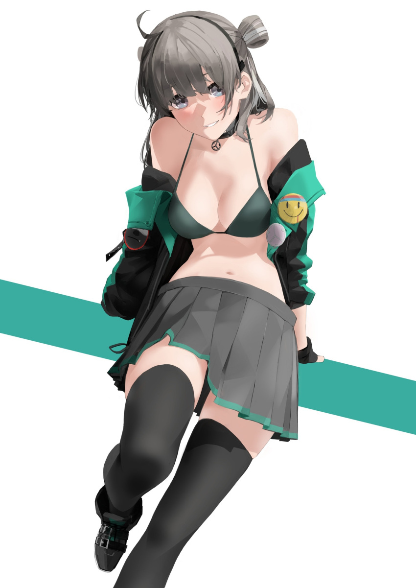 1girl ahoge asimo_(hakurei10201) bad_id bad_twitter_id bikini bikini_top_only black_footwear black_gloves black_hairband black_jacket black_thighhighs blush choker fingerless_gloves girls'_frontline gloves green_jacket grey_eyes hair_bun hairband highres honey_badger honey_badger_(girls'_frontline) jacket looking_at_viewer multicolored_clothes multicolored_jacket navel off_shoulder parted_lips pleated_skirt sitting skirt smile solo swimsuit thighhighs two-tone_jacket