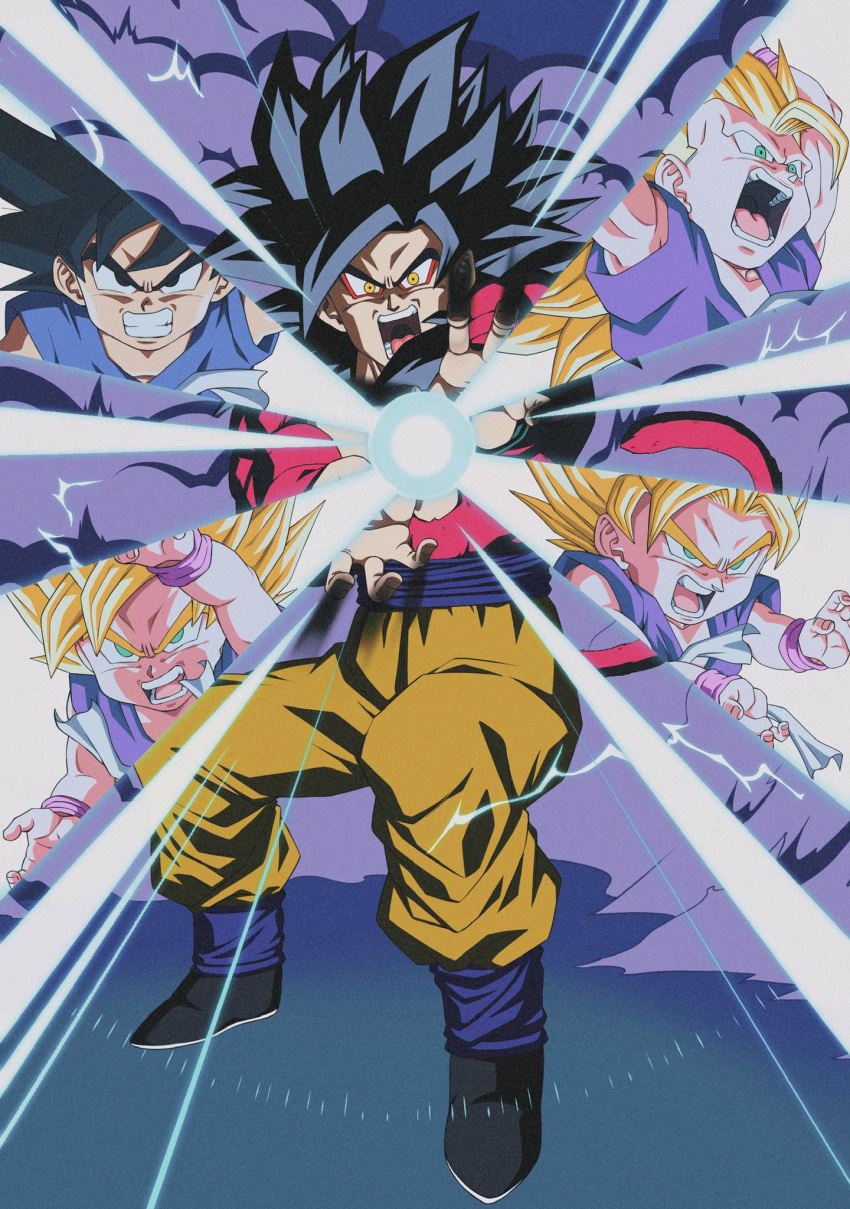 1boy biceps black_hair blonde_hair blue_sash blue_wristband body_fur dougi dragon_ball dragon_ball_gt highres kamehameha_(dragon_ball) long_hair looking_at_viewer male_focus monkey_boy monkey_tail multiple_persona muscular muscular_male no_nipples official_style open_mouth pants parody pectorals red_fur saiyan sash short_hair son_goku spiked_hair style_parody super_saiyan super_saiyan_1 super_saiyan_2 super_saiyan_3 super_saiyan_4 taidontt305 tail wristband yellow_pants