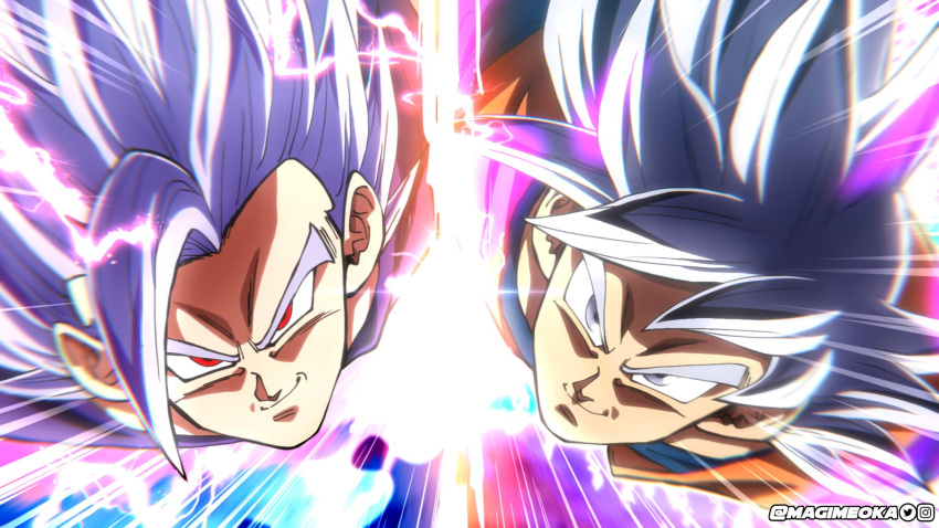 2boys anime_coloring commentary dougi dragon_ball dragon_ball_super english_commentary fake_screenshot gohan_beast grey_eyes highres magimeoka multiple_boys red_eyes smile son_gohan son_goku spiked_hair ultra_instinct watermark