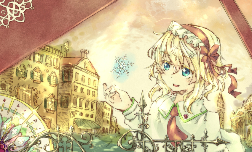 alice_margatroid blonde_hair blue_eyes building capelet hairband rl short_hair smile snowflakes solo touhou upper_body