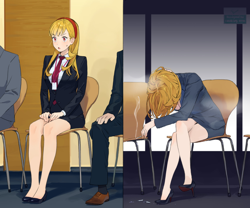 1girl 2boys age_comparison black_footwear black_jacket black_skirt blazer blonde_hair chair cigarette commentary crossed_legs english_commentary hairband highres holding holding_cigarette jacket lanyard legs long_hair multiple_boys necktie on_chair original red_eyes red_hairband red_necktie sekoshi_(some1else45) shirt shoes short_hair sitting skirt solo_focus some1else45 white_shirt