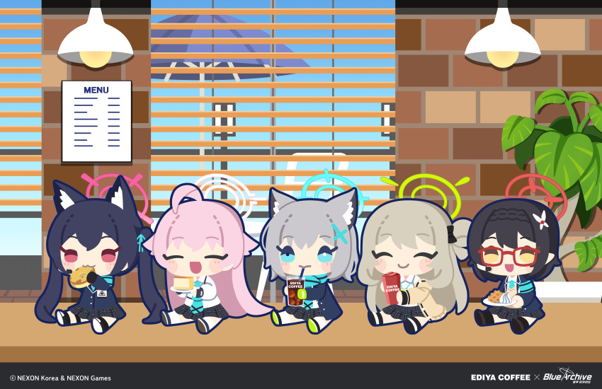 5girls absurdres animal_ears ayane_(blue_archive) black_footwear black_hair black_jacket black_skirt black_socks blazer blue_archive blue_eyes blue_halo blue_necktie blue_scarf cardigan cat_ears chibi closed_mouth coffee collared_shirt cup drink drinking_straw drinking_straw_in_mouth ediya_coffee extra_ears food glasses green_footwear green_halo grey_hair halo highres holding holding_cup holding_plate hoshino_(blue_archive) jacket kinubari_nerune light_brown_hair long_hair long_sleeves medium_hair multiple_girls necktie nonomi_(blue_archive) official_art open_cardigan open_clothes open_jacket open_mouth pink_hair pink_halo plate pleated_skirt pointy_ears red-framed_eyewear red_eyes red_halo scarf second-party_source serika_(blue_archive) shiroko_(blue_archive) shirt shoes short_hair skirt smile socks waffle white_shirt white_socks wolf_ears yellow_cardigan yellow_eyes