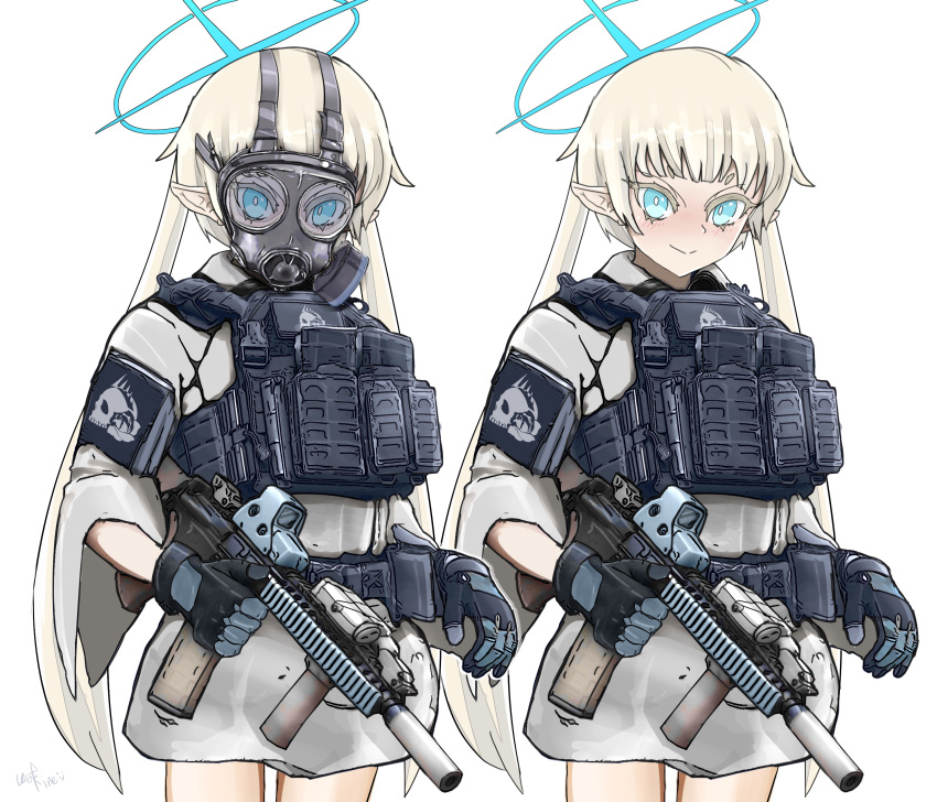 1girl absurdres ammunition_pouch assault_rifle belt belt_pouch black_gloves blonde_hair blue_archive blue_eyes bulletproof_vest character_request gas_mask gloves gun halo highres holding holding_gun holding_weapon light_blush load_bearing_vest looking_at_viewer m4_carbine magazine_(weapon) mask military multiple_views optical_sight pointy_ears pouch rifle short_hair_with_long_locks smile strap suppressor tactical_clothes weapon white_background wolfkine