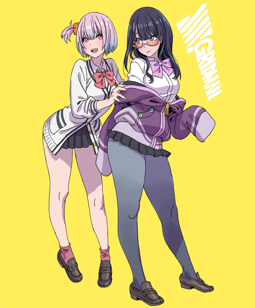 2girls absurdres alternate_hairstyle black_hair blue_eyes bow bowtie breasts brown_footwear buttons closed_mouth copyright_name cosplay costume_switch fingernails full_body gridman_universe hair_ornament hair_scrunchie highres jacket loafers long_hair long_sleeves looking_at_viewer looking_over_eyewear looking_to_the_side medium_breasts multiple_girls off_shoulder open_mouth pantyhose pleated_skirt ponytail school_uniform scrunchie shinjou_akane shinjou_akane_(cosplay) shoes short_hair side_ponytail skirt smile socks ssss.gridman standing takarada_rikka tinted_eyewear yamashita_shun'ya yellow_background