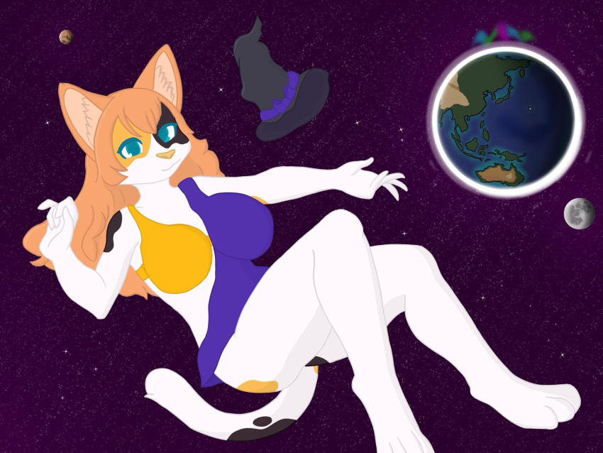 anthro aurora_(phenomenon) big_breasts black_body black_fur blue_eyes bra breasts calico_cat cel_shading clothing domestic_cat earth felid feline felis female floating fur hair hat headgear headwear hi_res kaylee_(thekitsuyt) mammal mars moon multicolored_body multicolored_fur multicolored_tail orange_body orange_fur orange_hair orange_nose planet purple_clothing shaded solo space star tail tan_ear_tuft thekitsuyt underwear white_body white_fur witch_hat yellow_bra yellow_clothing yellow_underwear