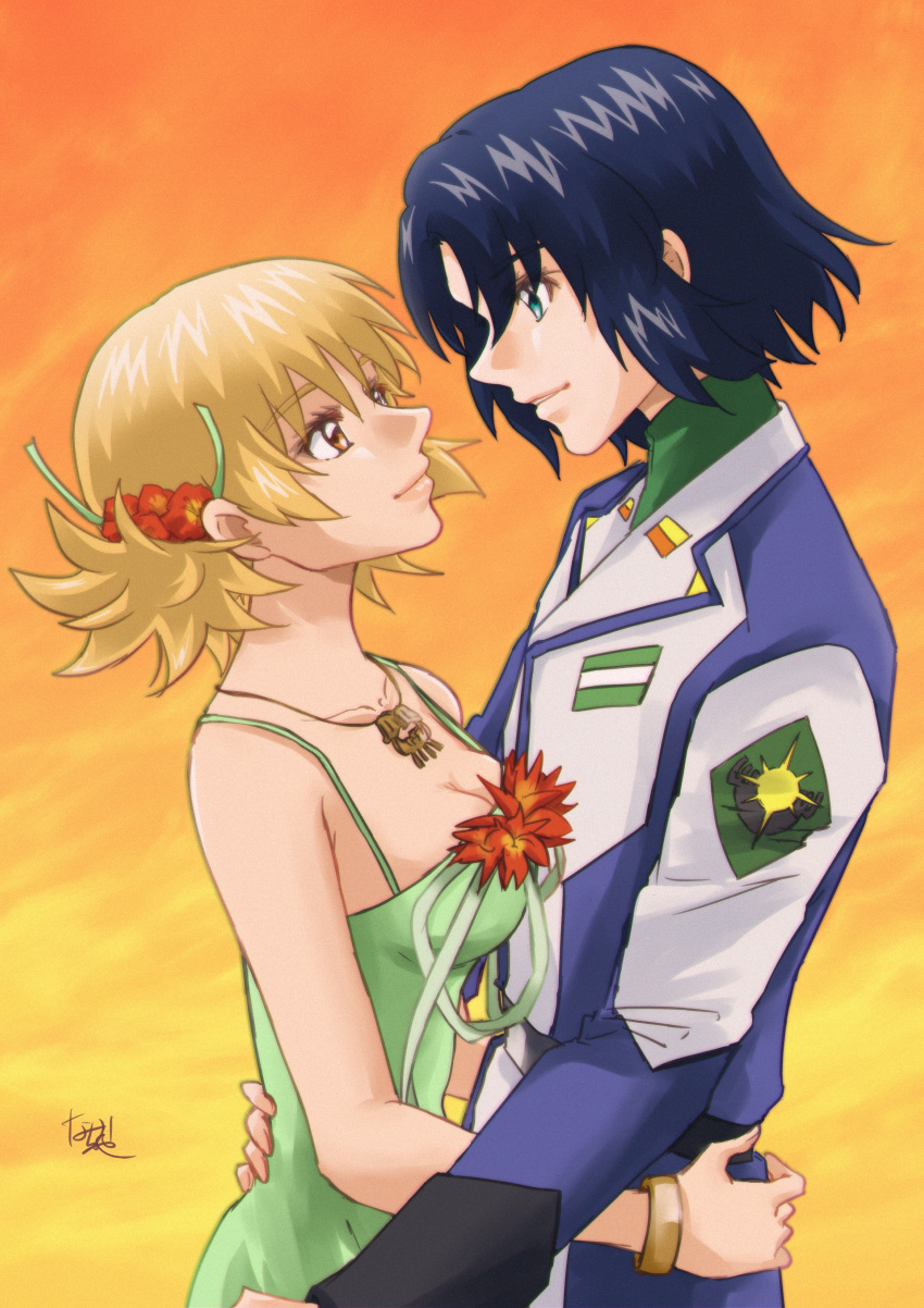1boy 1girl absurdres athrun_zala blonde_hair blue_hair breasts cagalli_yula_athha cleavage couple dress eye_contact flower green_dress green_eyes gundam gundam_seed gundam_seed_freedom hair_flower hair_ornament hand_on_another's_back hand_on_another's_waist highres hug looking_at_another military_uniform mutual_hug nagisa_(nagi7mayn) short_hair signature smile sunset uniform yellow_eyes