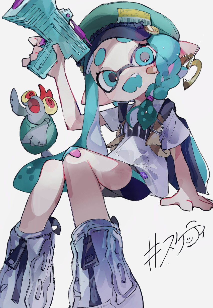 1girl arm_support arm_up asymmetrical_hair bandaid bandaid_on_face bandaid_on_knee bandaid_on_leg bike_shorts black_shorts blue_eyes blue_hair blue_hat boots braid bulging_eyes earrings fangs gun hat highres holding holding_gun holding_weapon ink_tank_(splatoon) inkling inkling_girl inkling_player_character invisible_chair jewelry long_hair looking_at_viewer miruko_(mt423324bchoco) no_nose number_earrings open_mouth peaked_cap pointy_ears print_shirt shirt short_sleeves shorts single_braid single_earring sitting smallfry_(splatoon) splatoon_(series) splatoon_3 splattershot_jr_(splatoon) tentacle_hair weapon white_background white_footwear white_shirt
