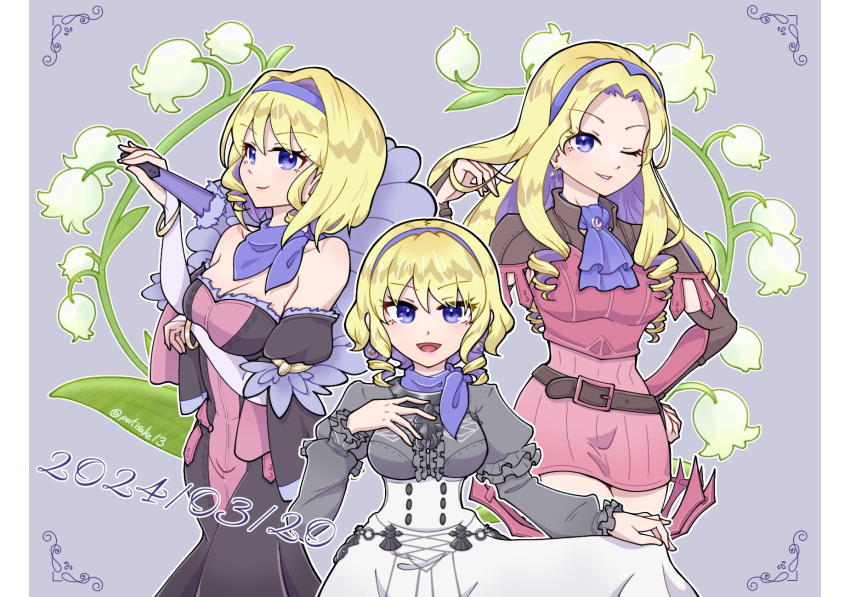 1girl arm_under_breasts armor bare_shoulders belt black_dress blonde_hair breasts cleavage closed_mouth colored_inner_hair constance_von_nuvelle dated detached_sleeves dress earrings fire_emblem fire_emblem:_three_houses fire_emblem_warriors:_three_hopes floral_background garreg_mach_monastery_uniform hair_between_eyes hair_flip hand_on_own_chest hand_on_own_hip headband highres holding holding_clothes holding_skirt jewelry large_breasts long_hair looking_at_viewer multicolored_hair neckerchief one_eye_closed open_mouth pink_dress purple_eyes purple_hair purple_headband purple_neckerchief putisuke_(putisuke13) ringlets short_dress short_hair shoulder_armor skirt twitter_username two-tone_hair variations white_dress