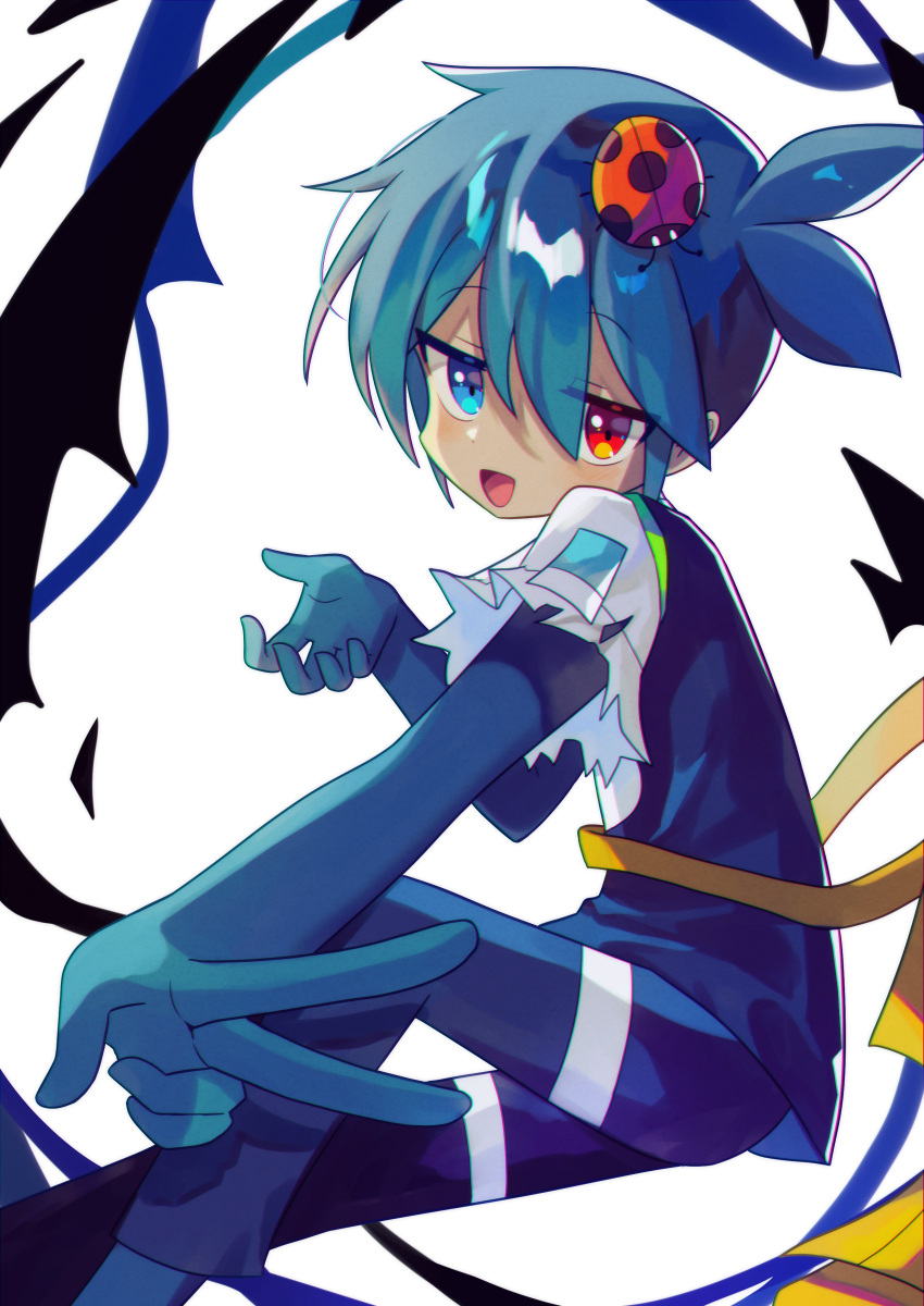 1boy absurdres blue_eyes blue_hair blush bug heterochromia highres ladybug looking_at_viewer offbeat open_mouth puyopuyo red_eyes short_hair short_sleeves sig_(puyopuyo) smile solo v