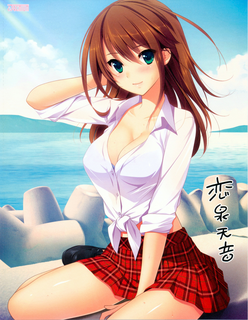 arm_behind_head blue_bra blush bra breasts brown_hair cleavage dress_shirt front-tie_top green_eyes hatsukoi_1/1 highres koizumi_amane large_breasts loafers long_hair looking_at_viewer midriff miniskirt ocean open_clothes open_shirt plaid plaid_skirt pleated_skirt scan shiny shiny_skin shirt shoes signature sitting skirt sleeves_rolled_up smile solo tetrapod third-party_edit tied_shirt tokizaki_maya underwear water