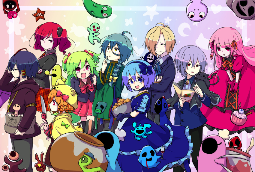 4boys 5girls :3 :o animal animal_ear_hood animal_ears animal_on_shoulder aqua_hair arm_belt ashe_bradley bag belt black_bow black_capelet black_shirt black_suit black_thighhighs blazer blonde_hair blue_bow blue_dress blue_eyes blue_gloves blue_hair blue_hairband blue_jacket blue_ribbon blunt_bangs book bow bowl braid brown_bag brown_belt capelet cat cat_on_shoulder charcoa1 charlotte_(witch's_heart) circle claire_elford clenched_hand collared_shirt creature crescent cupcake dark_blue_hair dress drill_hair elbow_gloves everyone eyeball fake_animal_ears fang food frilled_dress frills gingerbread_man gloves green_bow green_hair green_jacket grey_pants hair_between_eyes hair_bow hair_intakes hair_over_one_eye hairband heart highres holding holding_bag holding_book holding_bowl holding_knife hood jacket knife lime_(witch's_heart) long_hair looking_at_another looking_at_object looking_up multicolored_hair multiple_boys multiple_girls necktie noel_levine open_mouth orange_bow orange_hair orange_ribbon pants pink_bow pink_dress pink_gloves pink_hair pink_nails pink_ribbon plaid plaid_skirt pleated_skirt profile puffy_short_sleeves puffy_sleeves purple_hair purple_hood rabbit_ears rainbow_background red_bow red_eyes red_hair red_necktie red_skirt ribbon rouge_(witch's_heart) shirt short_hair short_sleeves single_braid single_hair_tube sirius_gibson skirt smile star_(symbol) streaked_hair suit thighhighs triangle_mouth twin_braids twintails white_shirt wilardo_adler witch's_heart yellow_bow yellow_capelet yellow_eyes yellow_hood yellow_trim zizel_(witch's_heart)