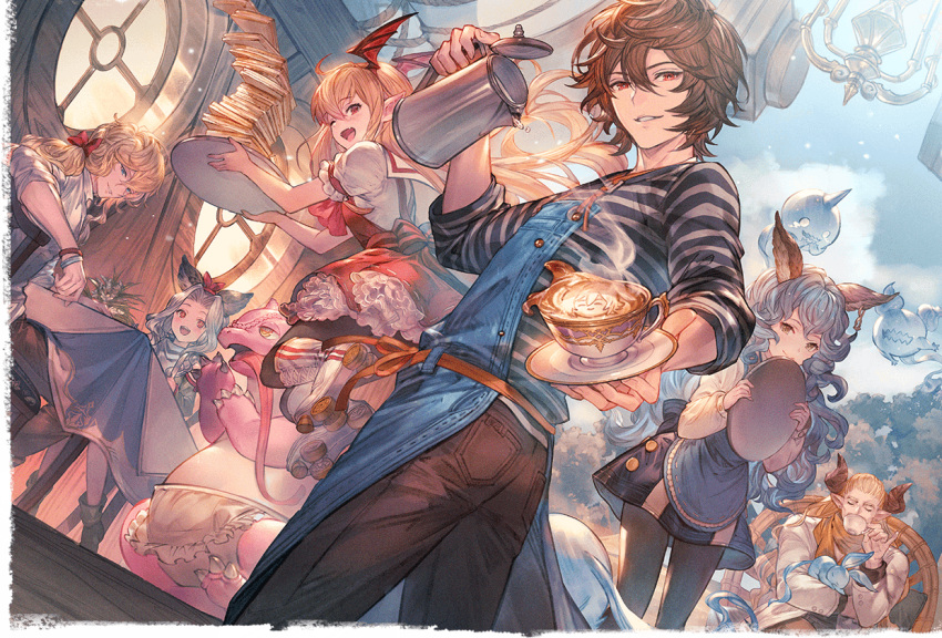 1boy 3boys 3girls absurdly_long_hair ahoge animal_ears apron bishounen blonde_hair blue_apron blue_eyes blue_hair blue_sky boots bow bowtie bracelet brown_hair brown_pants chandelier cloud cloudy_sky coffee cowboy_shot curly_hair denim dress dress_shirt drinking erune ferry_(granblue_fantasy) fox_ears frilled_dress frilled_sleeves frills from_behind fugee_(granblue_fantasy) geegee_(granblue_fantasy) ghost granblue_fantasy grey_hair hair_between_eyes hair_ribbon head_wings holding holding_tray jeans jewelry kettle kitchen_knife ladiva latte_art light_particles light_smile long_hair looking_at_viewer low_ponytail lucifer_(shingeki_no_bahamut) maid_apron malinda_(shingeki_no_bahamut) messy_hair minaba_hideo multiple_boys multiple_girls naoise nicola_(granblue_fantasy) official_alternate_costume official_art on_chair one_eye_closed pants pantyhose pointy_ears red_eyes ribbon roller_skates sandalphon_(granblue_fantasy) scarf scathacha_(granblue_fantasy) shingeki_no_bahamut shirt skates skirt sky smile sparkling_eyes striped_clothes sweater table tray vampy very_long_hair window wings yellow_eyes