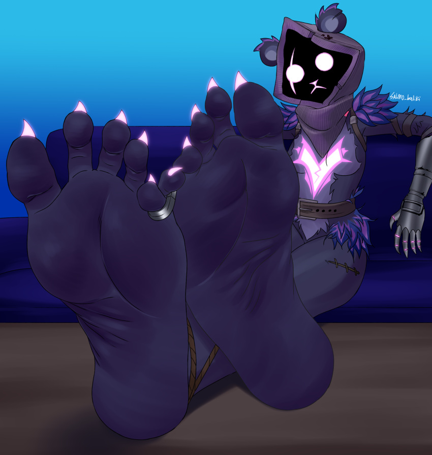 5_toes anthro armor barefoot bdsm bear big_butt black_body black_skin blue_background bondage bound butt claws clothing cuff_(restraint) epic_games eye_scar facial_scar feet feet_on_table female foot_fetish foot_focus fortnite fur furniture gauntlets gloves glowing glowing_claws handwear hi_res hood humanoid_feet looking_at_viewer mammal plantigrade purple_body purple_eyes purple_fur raven_team_leader restraints rope rope_bondage scar shadow_face shocked simple_background soles solo ssunsalm toes