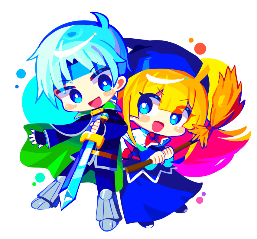 1boy 1girl blonde_hair blue_eyes blue_gloves broom chibi fingerless_gloves gloves grey_hair highres holding holding_broom holding_sword holding_weapon long_hair looking_at_another offbeat puyopuyo schezo_wegey short_hair simple_background sword weapon white_background witch_(puyopuyo)