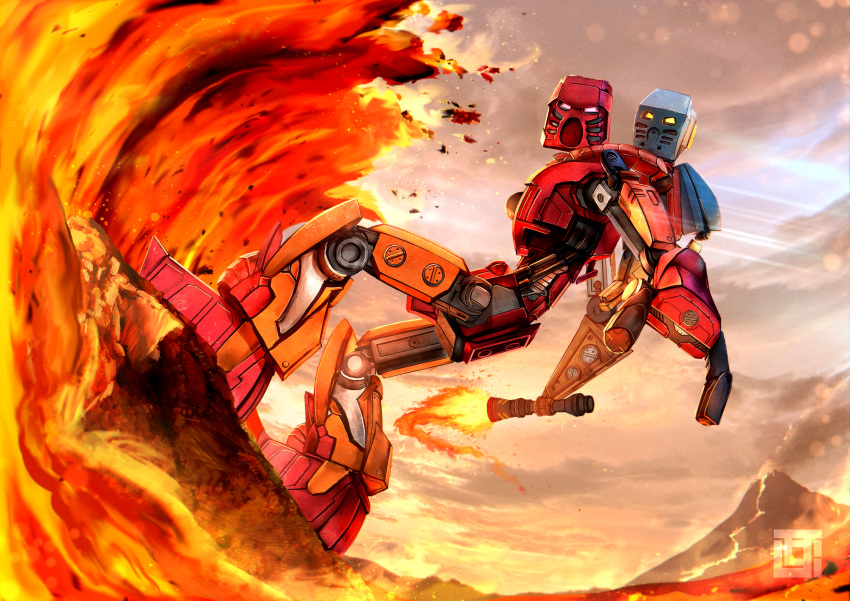 absurdres bionicle cloud cloudy_sky flaming_sword flaming_weapon highres holding holding_sword holding_weapon humanoid_robot kanohi_(bionicle) kozsen_810290 lava mask pink_eyes robot rock sky solo_focus sunlight surfing sword tahu_(bionicle) takua_(bionicle) the_lego_group volcano waves weapon yellow_eyes