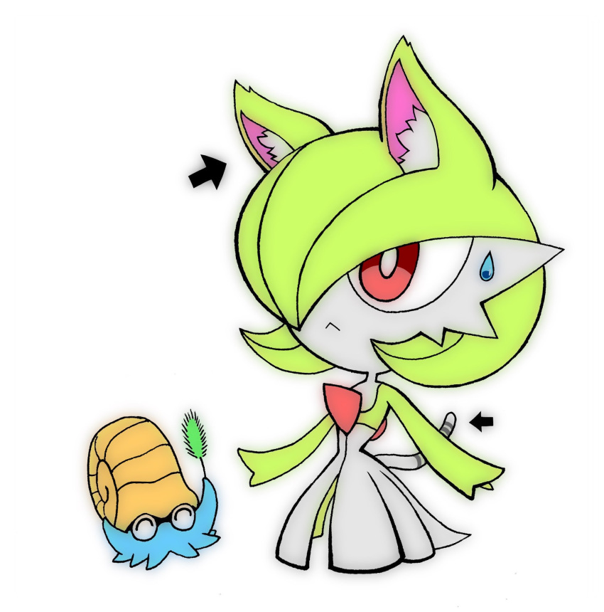 animal_ears blue_skin bob_cut cat_ears cat_tail cat_teaser closed_eyes colored_skin dress envi55109095 gardevoir green_hair hair_over_one_eye highres multicolored_skin omanyte pink_eyes pokemon pokemon_(creature) shell simple_background sweatdrop tail two-tone_skin white_background white_dress white_skin