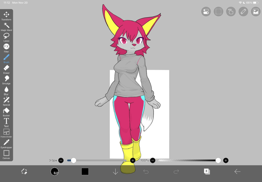 anthro boots bottomwear canid canine clothing female footwear fox fur grey_body grey_clothing grey_fur grey_shirt grey_topwear gure_(thekitsuyt) hair hi_res ibispaint mammal pants pink_bottomwear pink_clothing pink_eyes pink_hair pink_nose pink_pants shirt solo thekitsuyt topwear walking yellow_boots yellow_clothing yellow_footwear