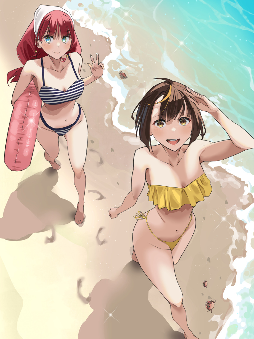 2girls absurdres ahoge bandana bare_arms bare_legs bare_shoulders barefoot beach bikini blonde_hair breasts brown_eyes brown_hair buoy cleavage crab day foam footprints frilled_bikini_top from_above full_body hair_ornament hand_up highres holding legs lewdrawings light_blush long_hair looking_at_viewer medium_breasts multicolored_eyes multicolored_hair multiple_girls navel ocean original outdoors red_hair sand shadow shore short_hair side-tie_bikini_bottom sparkle stomach streaked_hair string_bikini striped_bikini striped_clothes swimsuit toes w walking water white_bandana yellow_bikini