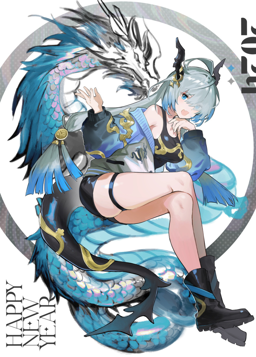 1girl :d ahoge bare_shoulders black_footwear black_shorts black_tank_top blue_eyes boots breasts chinese_zodiac collarbone commentary crossed_legs dragon dragon_girl dragon_horns dragon_tail eastern_dragon eyes_visible_through_hair fang grey_hair grey_jacket hair_over_one_eye hand_up happy_new_year hayama_eishi highres horns jacket long_hair long_sleeves looking_at_viewer medium_breasts off_shoulder open_clothes open_jacket original puffy_long_sleeves puffy_sleeves short_shorts shorts skindentation smile solo tail tank_top thigh_strap very_long_hair white_background year_of_the_dragon